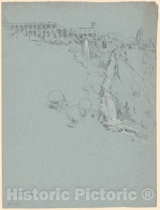 Art Print : Ludwig Thiersch, The Waterfall at Tivoli with The Villa of Maecenas, 1851 - Vintage Wall Art