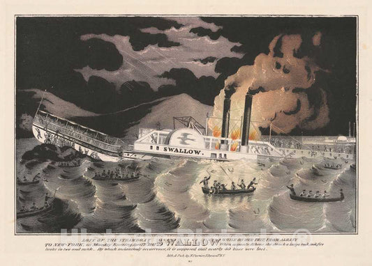 Art Print : Nathaniel Currier, Loss of The Steamboat Swallow: While on Her Trip, from Albany to New-York, on Monday Evening April 7th 1845, 1845 - Vintage Wall Art