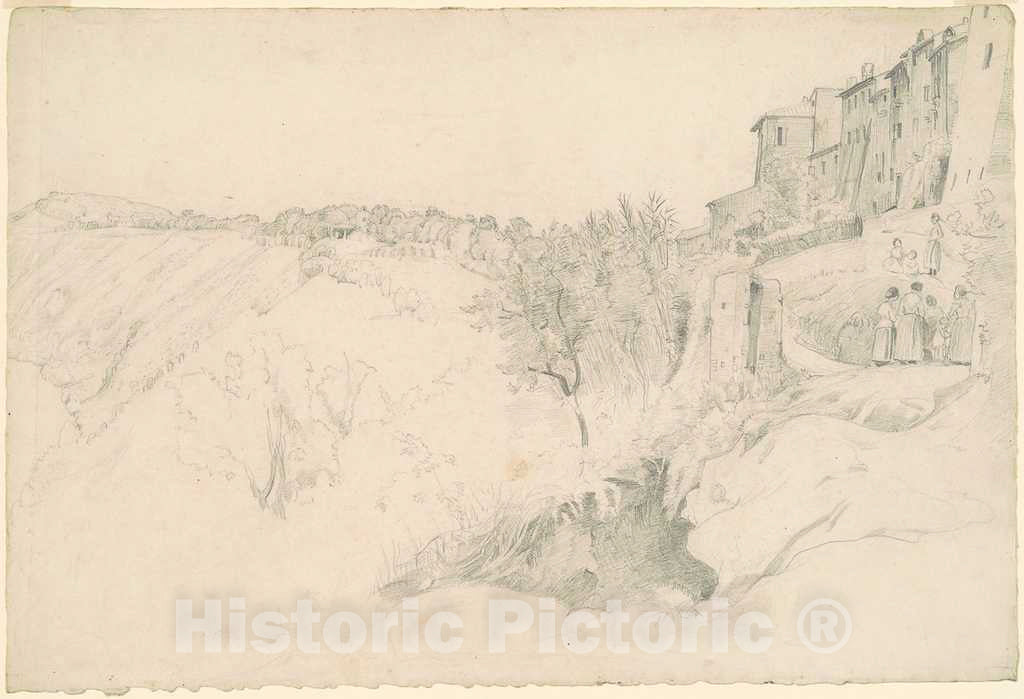 Art Print : Worthington Whittredge, Hillside with Houses and Figures, 1854-1859 - Vintage Wall Art