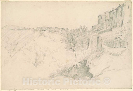 Art Print : Worthington Whittredge, Hillside with Houses and Figures, 1854-1859 - Vintage Wall Art