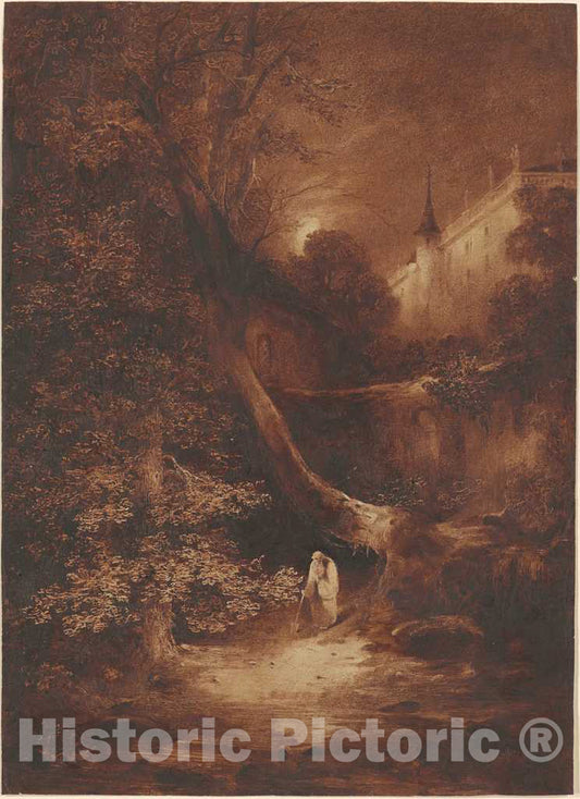 Art Print : Julius Albert Elsasser, Moonlit Landscape with a Monk Walking Near a Palace, 1852 - Vintage Wall Art