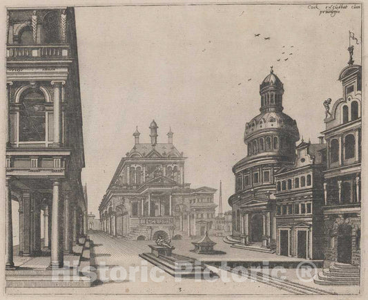Art Print : Doetechum, The Elder, After De Vries, Corner of a Palace with Colonnade and Circular Building, 1560 - Vintage Wall Art