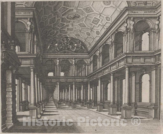 Art Print : Doetechum, The Elder, After De Vries, View into a Hall with Tuscan Columns, 1560 - Vintage Wall Art