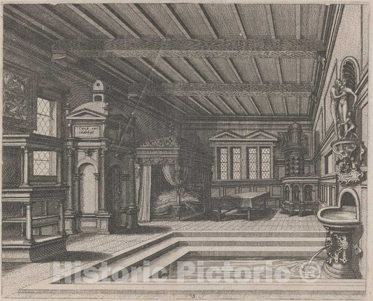 Art Print : Doetechum, The Elder, After De Vries, Interior with Buffet, Entrance Portal, and Canopy Bed, 1560 - Vintage Wall Art