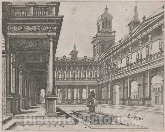 Art Print : Doetechum, The Elder, After De Vries, Palace Courtyard with Fountain in a Rectangular Basin, 1560 - Vintage Wall Art