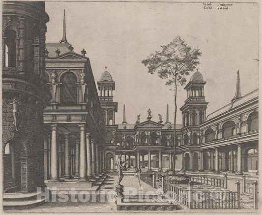 Art Print : Doetechum, The Elder, After De Vries, Square with a Circular Building on The Left and an Obelisk in The Background, 1560 - Vintage Wall Art