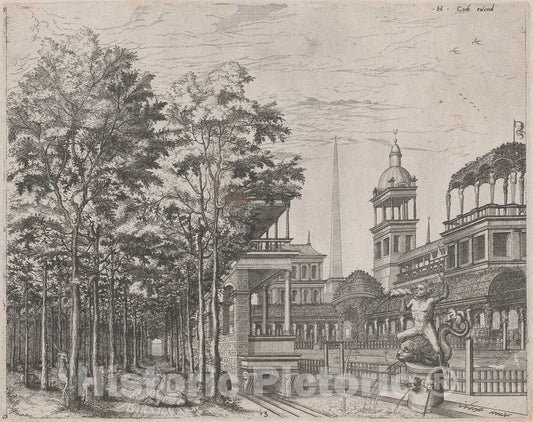 Art Print : Doetechum, The Elder, After De Vries, Landscape with Trees, Two Deer, and a Palace Courtyard, 1560 - Vintage Wall Art