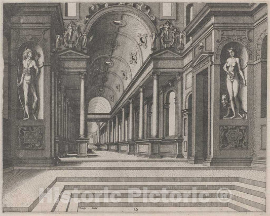 Art Print : Doetechum, The Elder, After De Vries, View in a Church with Corinthian Columns and Statues of Apollo, Melpomene, and Moses, 1560 - Vintage Wall Art