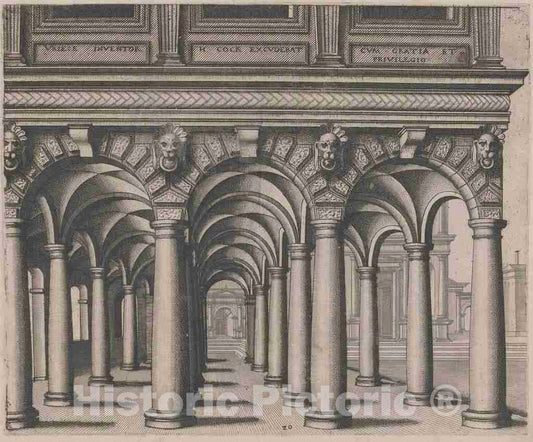 Art Print : Doetechum, The Elder, After De Vries, Open Hall Supported by Tuscan Columns with a Town Square on The Right, 1560 - Vintage Wall Art