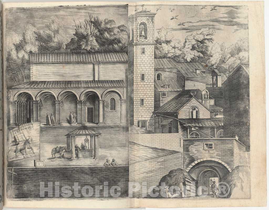 Art Print : Lino Moroni, View of The Quadrant: The Main Door, The Square, The Church and The Loggia of The Monastery of The Monte Della Vernia, 1612 - Vintage Wall Art