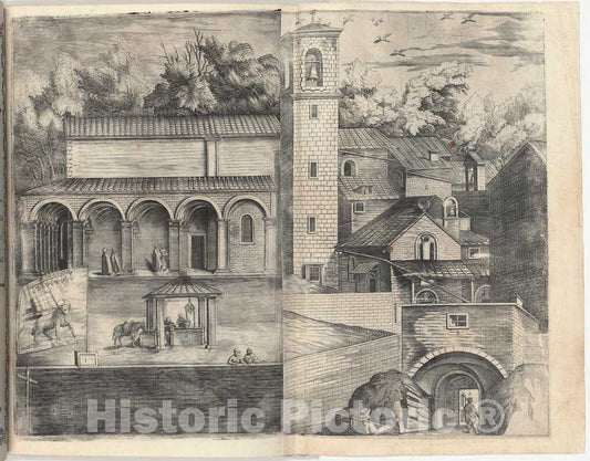 Art Print : Lino Moroni, View of The Quadrant: The Main Door, The Square, The Church and The Loggia of The Monastery of The Monte Della Vernia, 1612 - Vintage Wall Art
