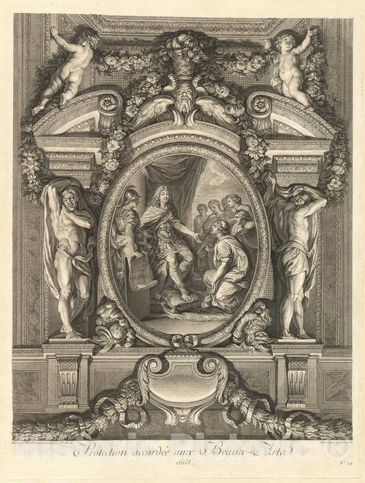 Art Print : MassÃ© After Le Brun, Protection accordÃ©e aux Beaux-Arts 1663 (Protection Accorded to The Fine Arts 1663) [pl. 24], 1752 - Vintage Wall Art