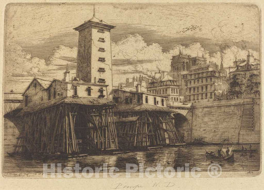 Art Print : Charles Meryon, La Pompe Notre-Dame, Paris (The Notre-Dame Pump), 1852 - Vintage Wall Art