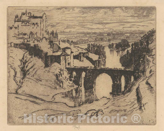 Art Print : Joseph Pennell, St. Martin's Bridge, Toledo, 1904 - Vintage Wall Art