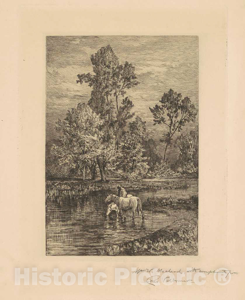 Art Print : Charles Volkmar, Landscape with Horses Drinking, c. 1876 - Vintage Wall Art