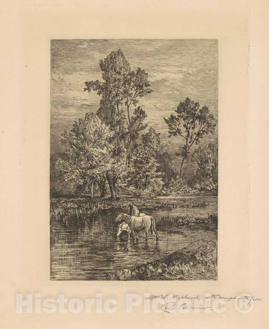 Art Print : Charles Volkmar, Landscape with Horses Drinking, c. 1876 - Vintage Wall Art