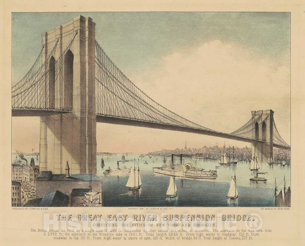 Art Print : Currier and Ives, The Great East River Suspension Bridge: Connecting The Cities of New York and Brooklyn, 1881 - Vintage Wall Art