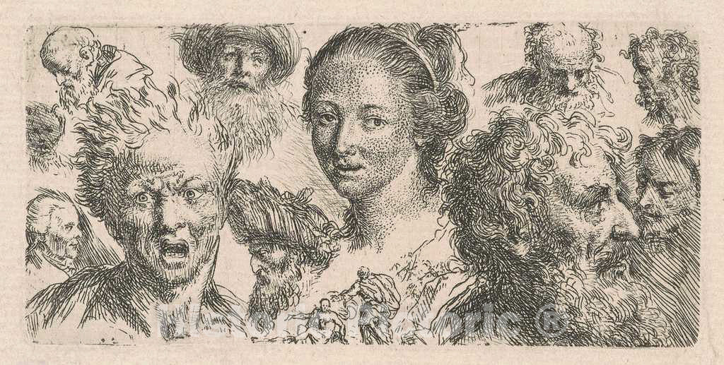 Art Print : BartholomÃ¤us Ignaz Weiss, Studies of Eleven Heads, 1770s(?) - Vintage Wall Art