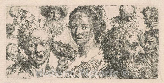 Art Print : BartholomÃ¤us Ignaz Weiss, Studies of Eleven Heads, 1770s(?) - Vintage Wall Art