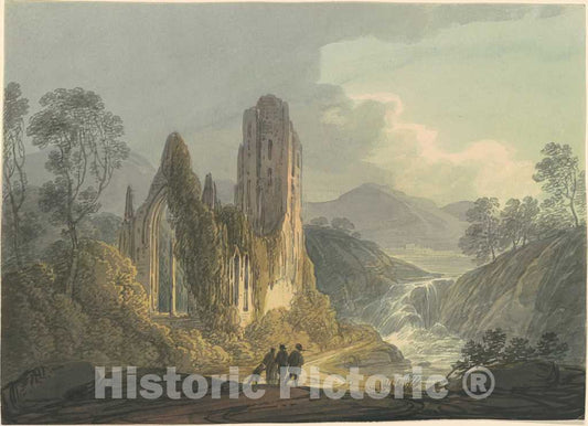 Art Print : William Payne, A Ruined Abbey by a Waterfall, c. 1800 - Vintage Wall Art
