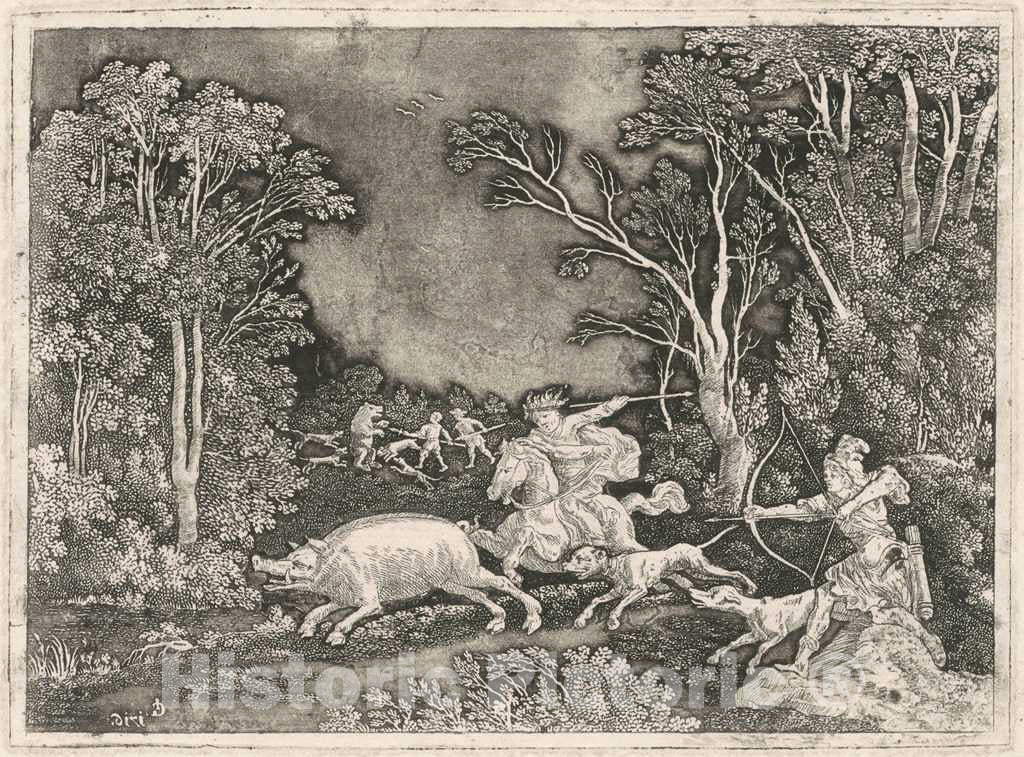 Art Print : Gerhard Janssen, Antique Boar Hunt, 1716 - Vintage Wall Art