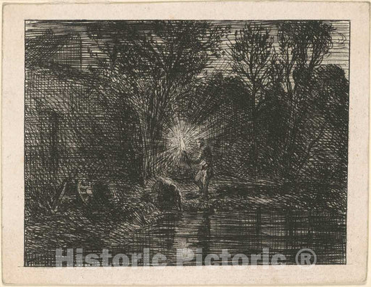 Art Print : Charles Ã‰mile Jacque, Riverbank at Night, 1844 - Vintage Wall Art