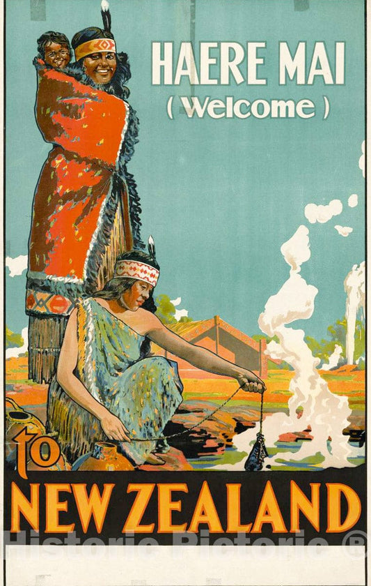 Vintage Poster -  Haere Mai (Welcome) to New Zealand, Historic Wall Art