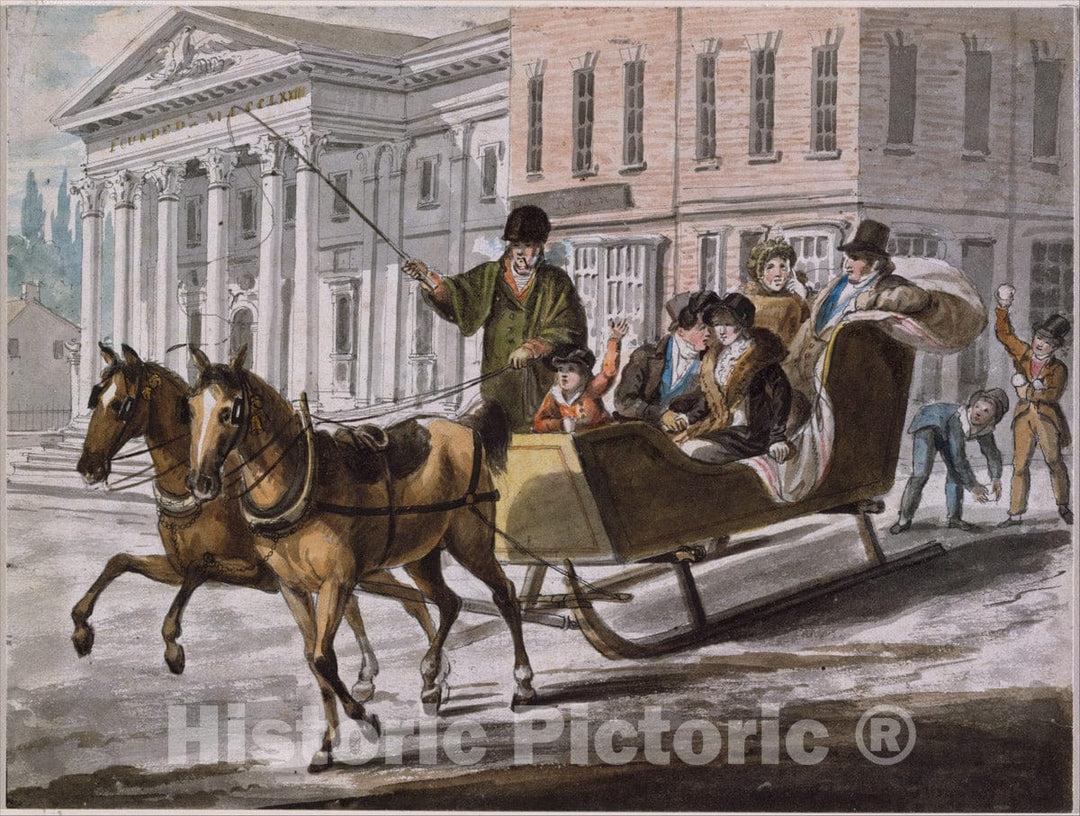 Art Print : John Lewis Krimmel - Winter Scene in Philadelphia—The Bank of The United States in The Background : Vintage Wall Art