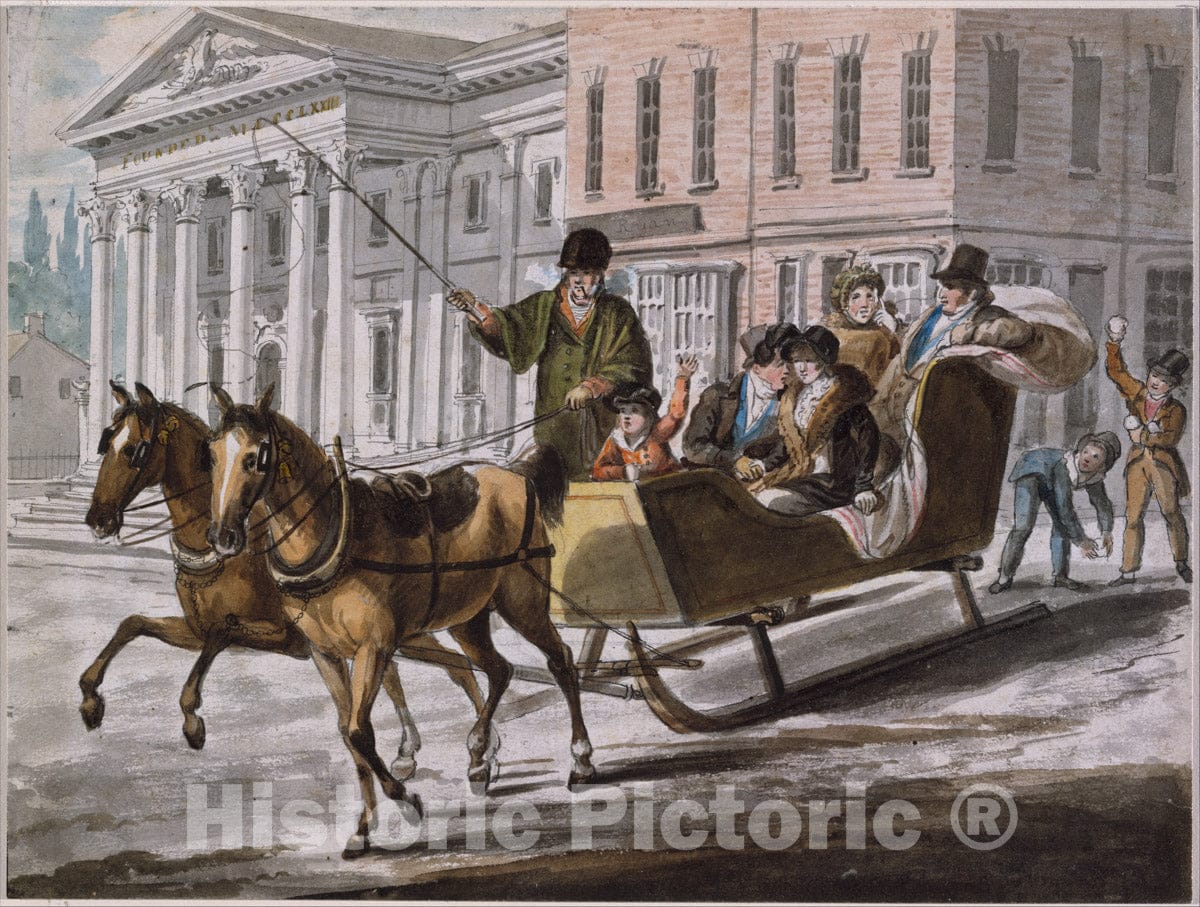 Art Print : John Lewis Krimmel - Winter Scene in Philadelphia—The Bank of The United States in The Background : Vintage Wall Art