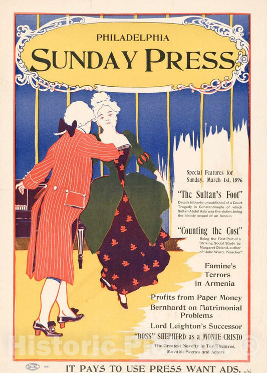 Vintage Poster -  Special Features for Sunday, March 1st, 1896., Historic Wall Art