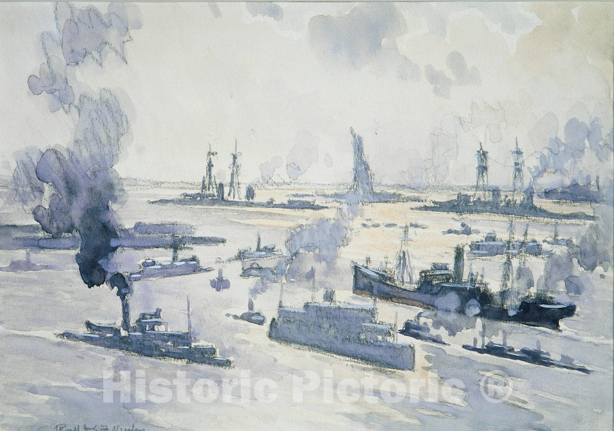 Art Print : Joseph Pennell - Warships in The Harbor : Vintage Wall Art