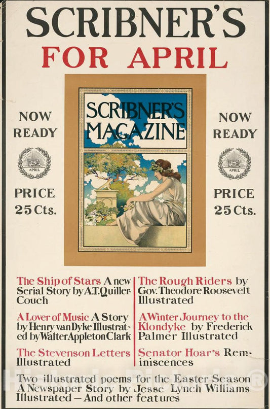 Vintage Poster -  Scribner's for April. Now Ready Price 25 cts, Historic Wall Art