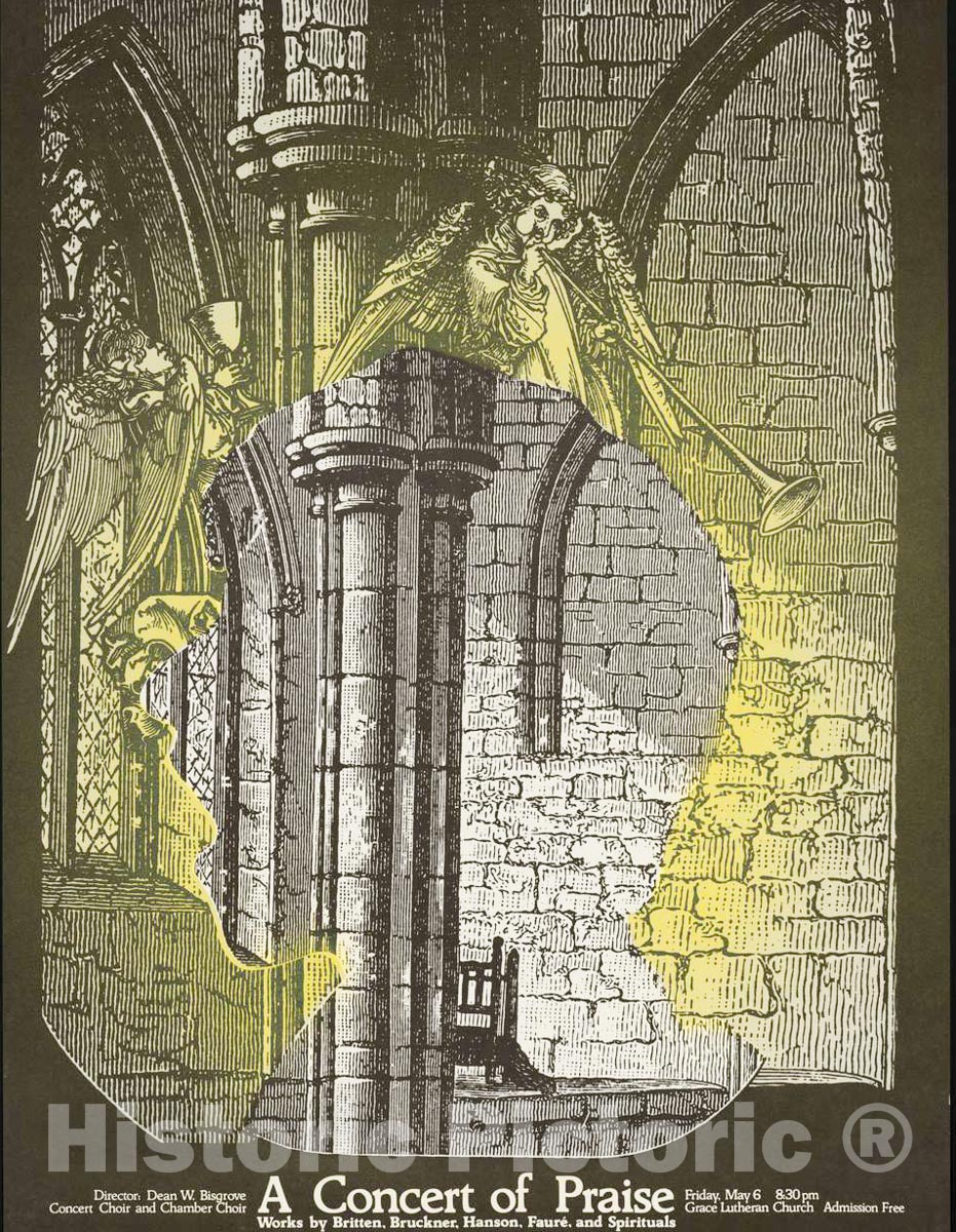 Vintage Poster -  A Concert of Praise -  Work by Britten, Bruckner, Hanson, Fauré, and spirituals., Historic Wall Art