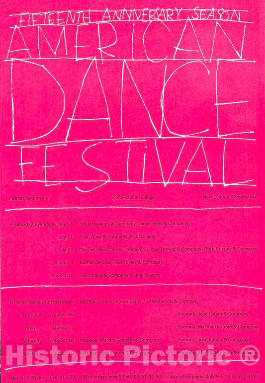 Vintage Poster -  Fifteenth Anniversary Season, American Dance Festival, Palmer Auditorium, Connecticut College, New London, Connecticut, Historic Wall Art