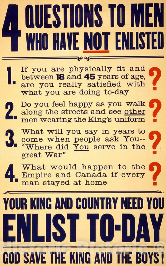 Vintage Poster -  4 Questions to Men who Have not Enlisted. Enlist to - Day, Historic Wall Art
