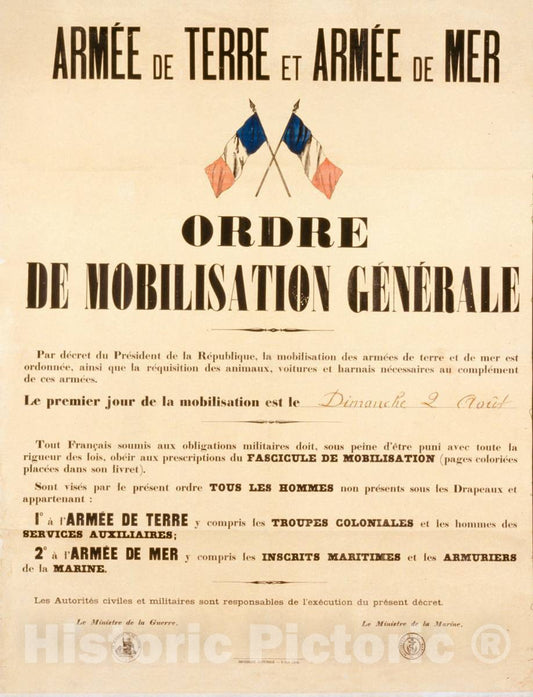 Vintage Poster -  ArmÃ©e de Terre et ArmÃ©e de Mer. Ordre de Mobilisation GÃ©nÃ©rale, Historic Wall Art