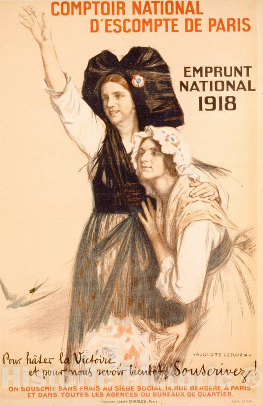 Vintage Poster -  Comptoir National d'escompte de Paris. Emprunt National 1918. Pour hÃ¢ter la Victoire, et Pour Nous Revoir bient't, souscrivez!, Historic Wall Art