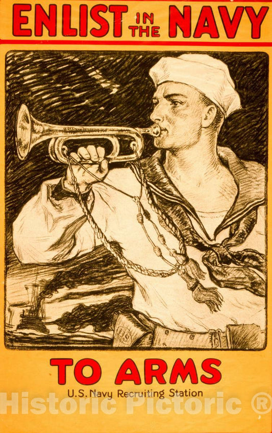 Vintage Poster -  Enlist in The Navy to arms  -  Milton Bancroft., Historic Wall Art