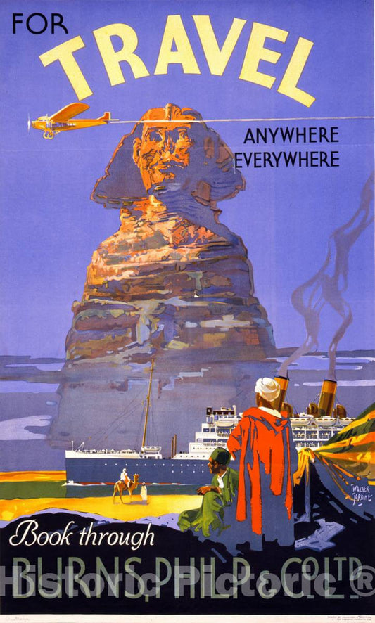 Vintage Poster -  for Travel Anywhere, Everywhere -  Book Through Burnes, Philip & Co. Ltd. -  Walter Jardine., Historic Wall Art