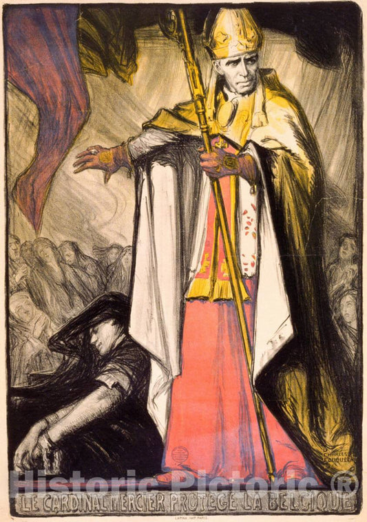 Vintage Poster -  Le Cardinal Mercier protÃ©ge la Belgique, Historic Wall Art