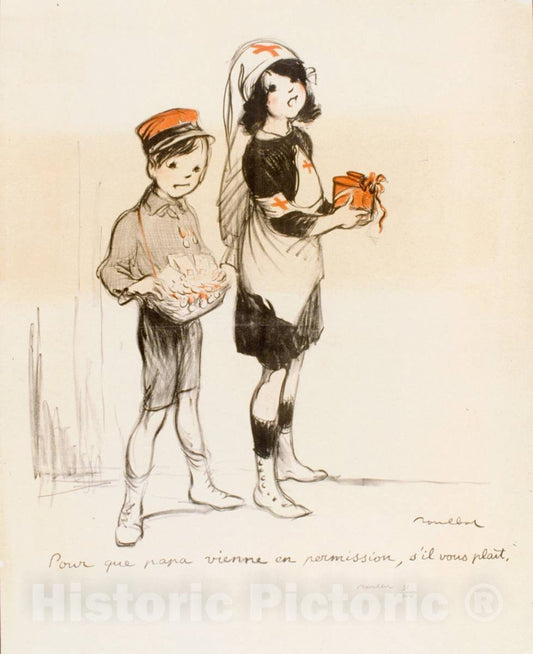 Vintage Poster -  Pour que papa Vienne en Permission, s'il Vous Plait 2, Historic Wall Art