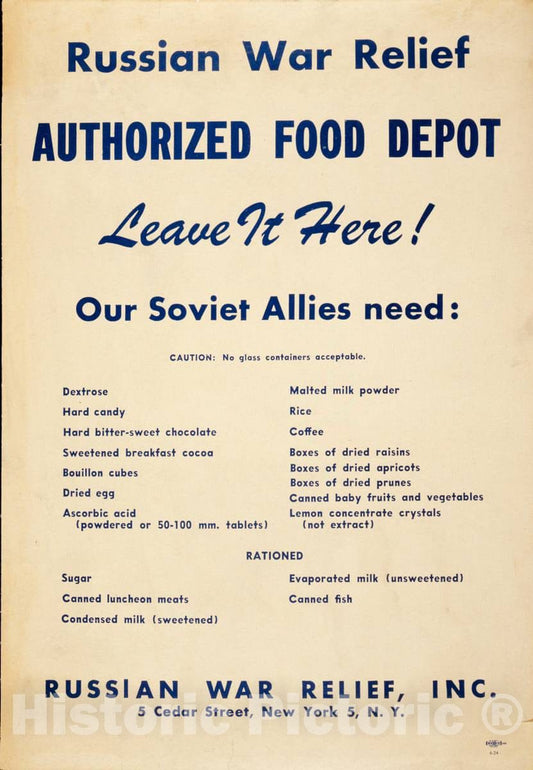Vintage Poster -  Russian War Relief, Authorized Food Depot. Leave it here!, Historic Wall Art