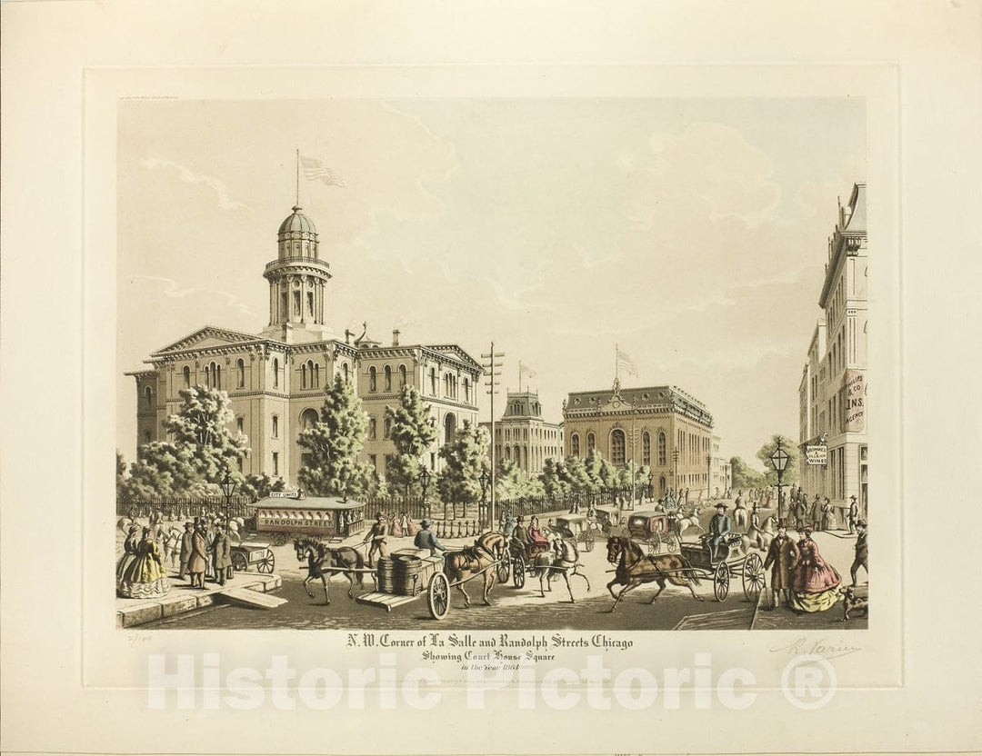 Art Print : N. W. Corner of LaSalle and Randolph, Chicago, Showing Court House Square in the Year 1864, Raoul Varin, 1928, Vintage Wall Decor :