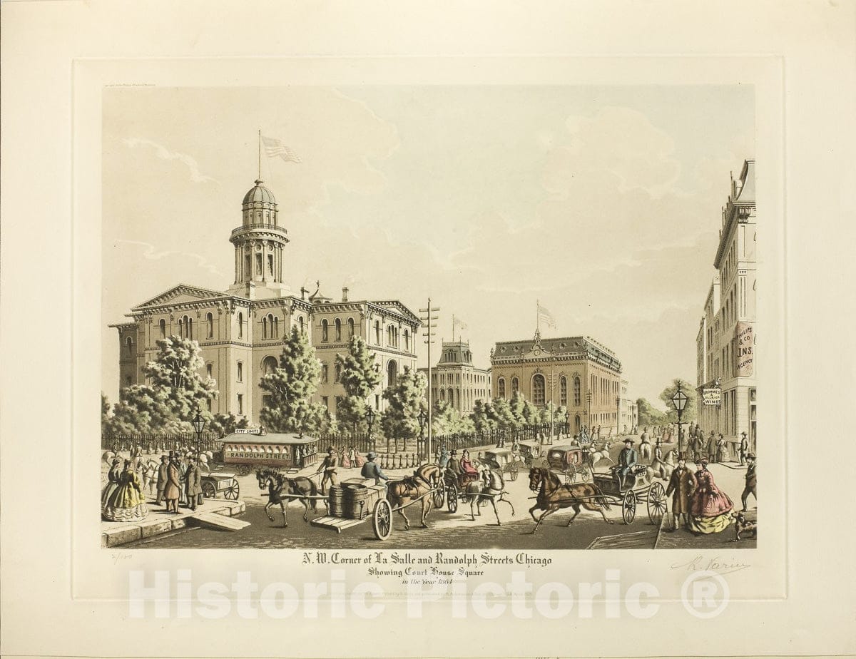 Art Print : N. W. Corner of LaSalle and Randolph, Chicago, Showing Court House Square in the Year 1864, Raoul Varin, 1928, Vintage Wall Decor :