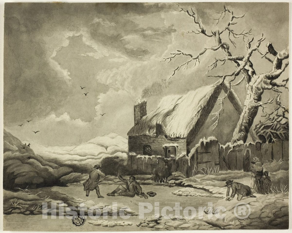 Art Print : Winter Scene with People Outside a Cottage Near a Pond, Unknown artist, c 1800, Vintage Wall Decor :