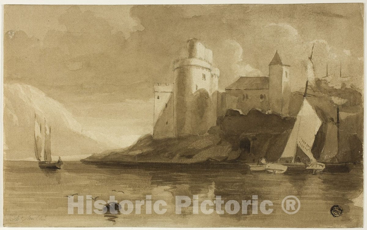Art Print : Castle on Lake, Unknown artist, c 1800, Vintage Wall Decor :