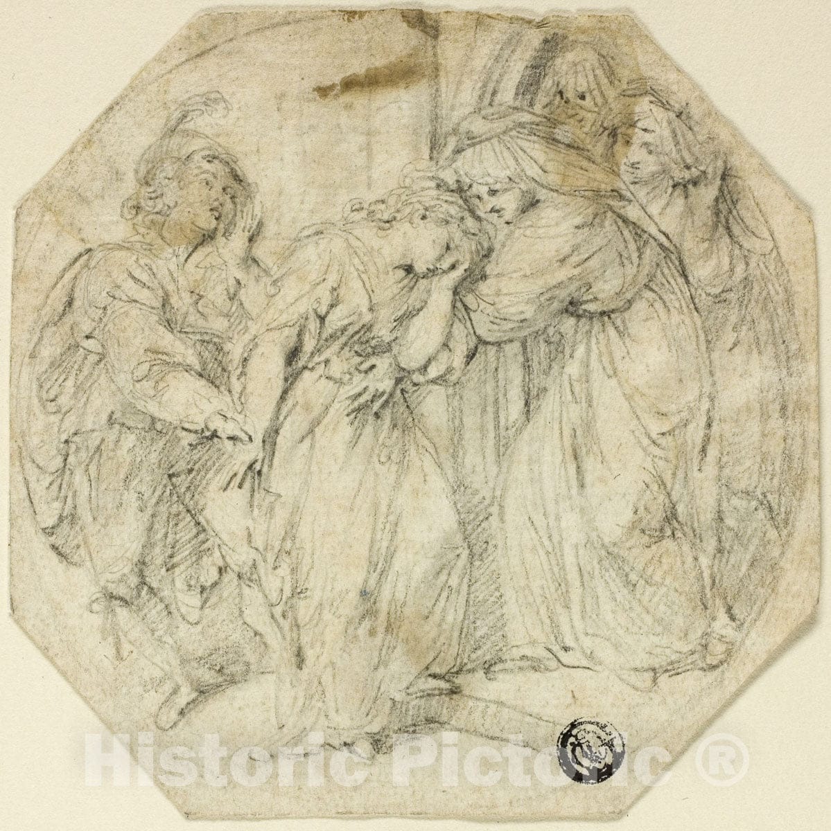 Art Print : Swooning Woman at the Door of a Nunnery, Supported by Nun and Young Man, Benedetto Pastorini, c.1775, Vintage Wall Decor :
