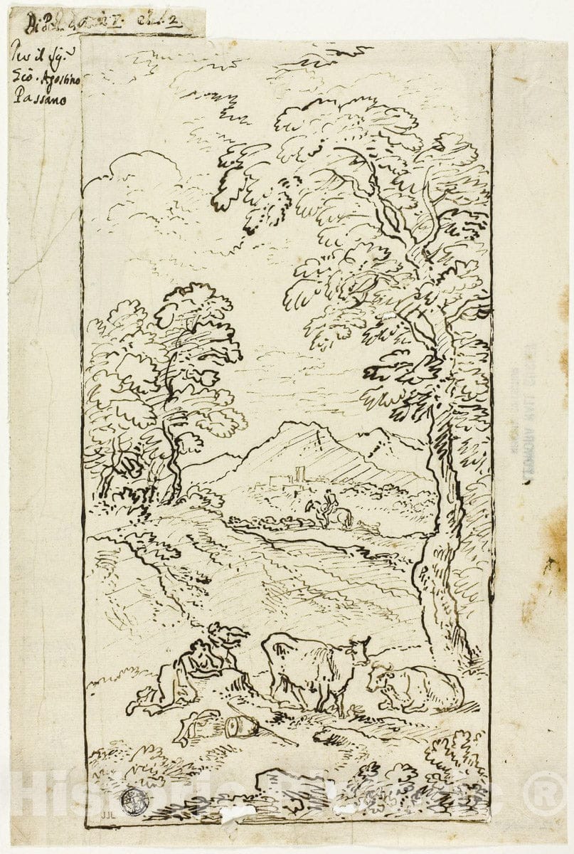 Art Print : Hilly Landscape with Cows and Shepherds in Foreground, Carlo Antonio Tavella, c.1712, Vintage Wall Decor :