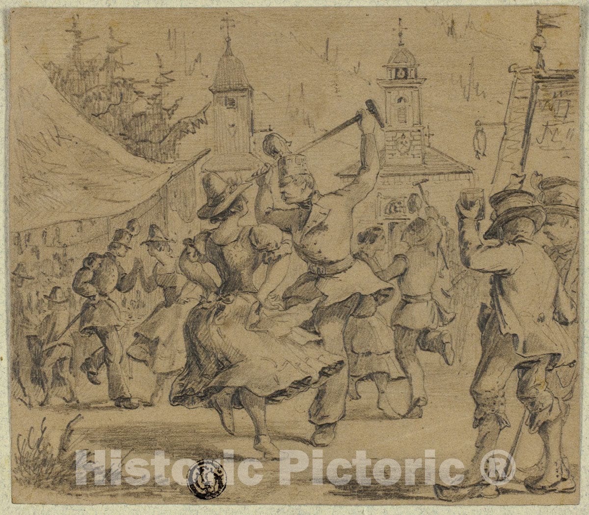 Art Print : Women and Soldiers Dancing in Village Square, Unknown artist, c 1800, Vintage Wall Decor :