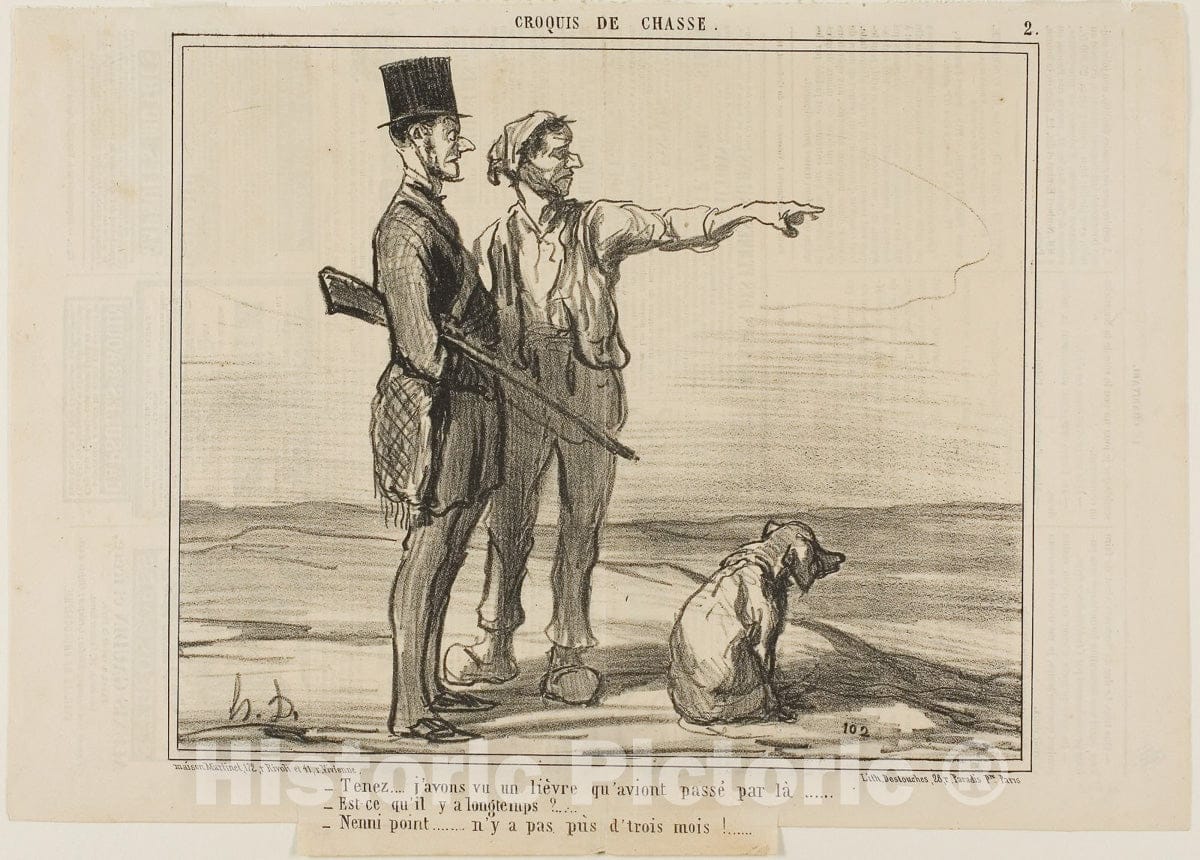 Art Print : Â“- Listen... I saw a hare over there... -plate two from Croquis De Chasse, Honore Victorin Daumier, c 1857, Vintage Wall Decor :